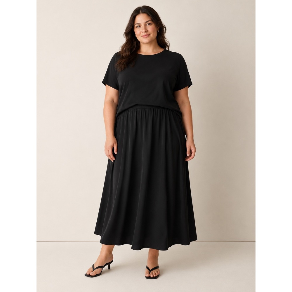 Eileen Fisher Womens XL Black 100% Silk Crepe de Chine Half Circle Maxi Skirt